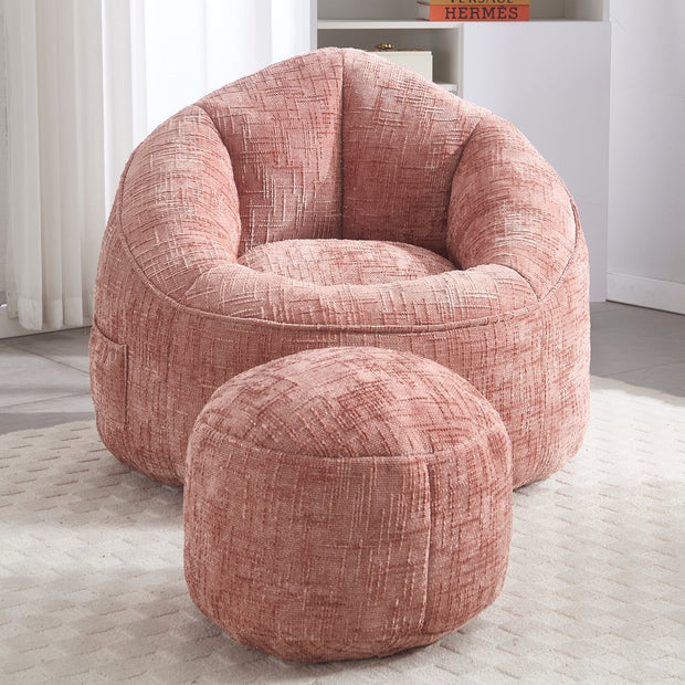 Zitzak Stoel met Voetensteun - Beanbag in Luxe Chenille Stof - Hoge Druk Schuimvulling - Ergonomisch Ontwerp - 89x88x76 cm - Roze