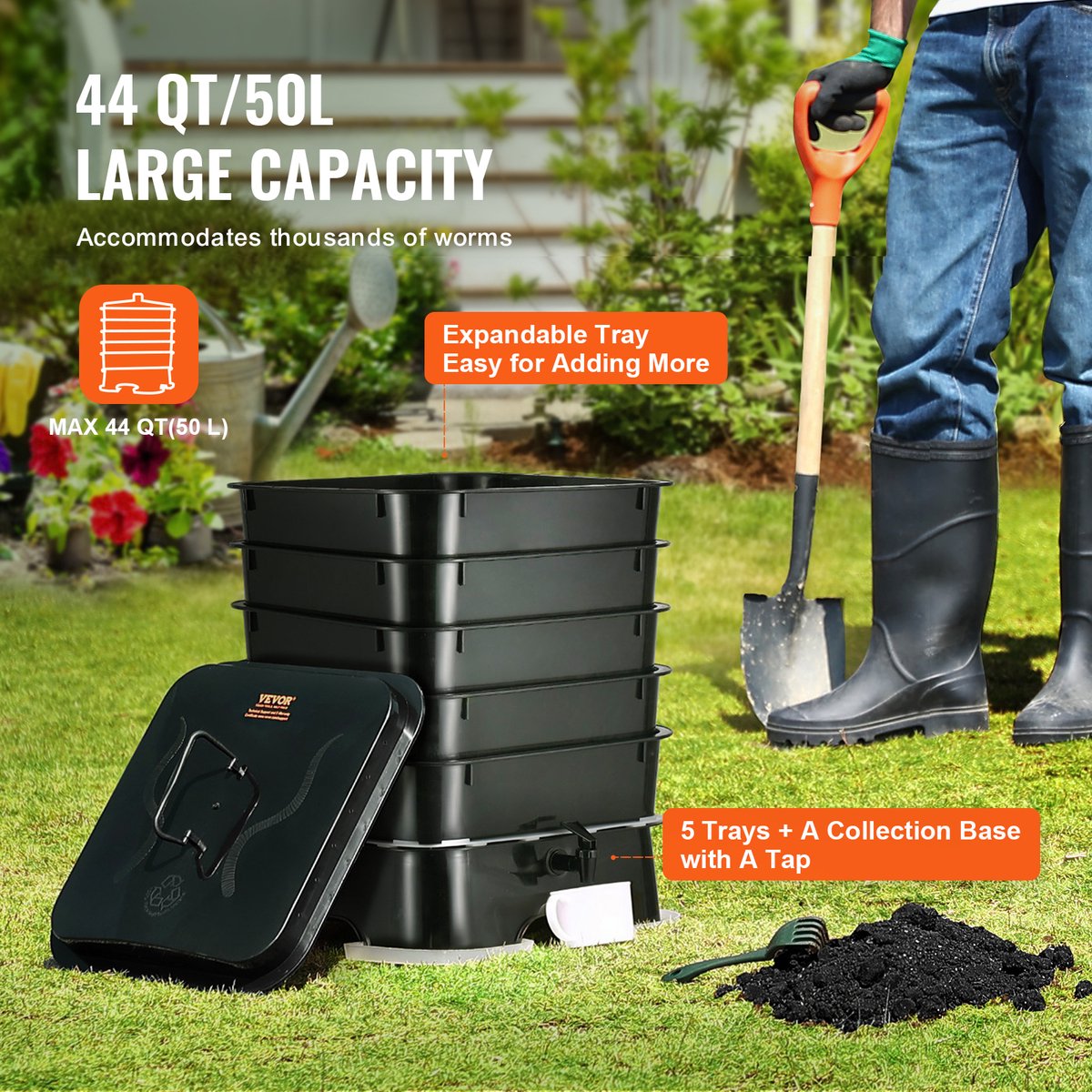 Wormcomposter - HDPE-Materiaal - Robuust en Duurzaam - Grote Capaciteit - Hoge Composteringsefficiëntie - Makkelijke Installatie - 40x40x65cm - 50L - Zwart