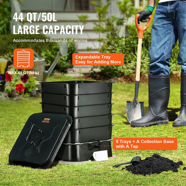 Wormcomposter - HDPE-Materiaal - Robuust en Duurzaam - Grote Capaciteit - Hoge Composteringsefficiëntie - Makkelijke Installatie - 40x40x65cm - 50L - Zwart