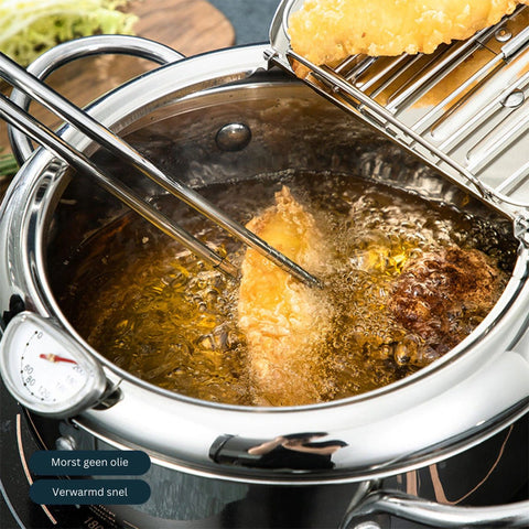 Kleine Frituurpan - Mini Friteuse - Mini Frituurpan - 2,2 Liter -Roestvrij Staal - Japanse frituurpan - met Thermometer - en Deksel Keuken Tempura Frituurpan - Kookpot