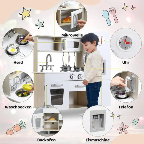 Prachtig Houten Speelkeukenset - Creëer Magische Speeluren met deze XXL Kinder Speelkeuken- Wit - Licht & Geluidseffecten - Inclusief Accessoires - 81x74x30 cm Hoogwaardige Materialen- Fantasierijke Functies & Duurzaam Ontwerp & Realistische Functies