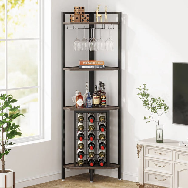 Wine cabinet - Wine rack - Beverage cabinet - Corner cabinet - Cupboard - With glass rack - Industrial - Wood and metal - Brown/Black