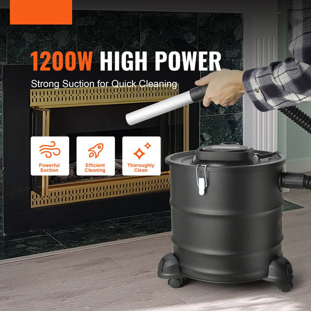 Elektrische Aszuiger - 1200W - Grote Capaciteit van 20 Liter - HEPA Systeem - Flexibele Slang van 1,2 m - Multifunctioneel voor Open Haarden - Tuinreiniging en Meer - Inclusief Aluminium Buis - Rollen en Filter - Zwart