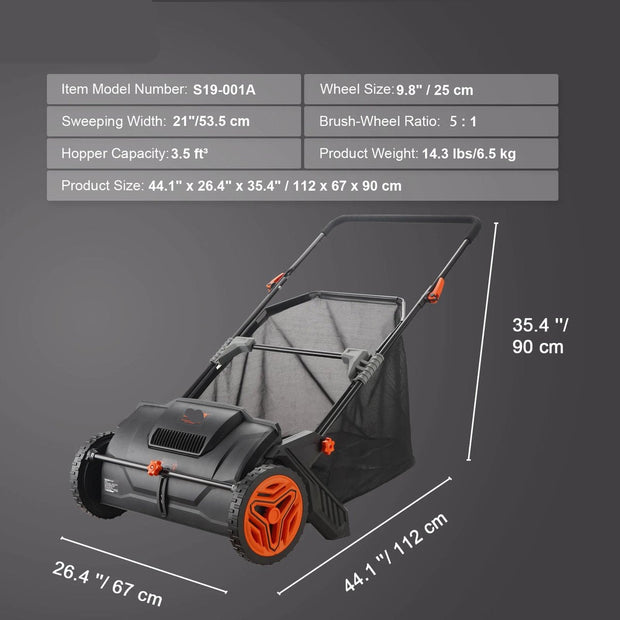 Gazonveger - Bladverzamelaar - Kunstgras borstelmachine - Duwmodel - Tuinruimer - Gazonveger Kunstgras - 53 cm Werkbreedte - 100 Liter Opvangbak - Zwart
