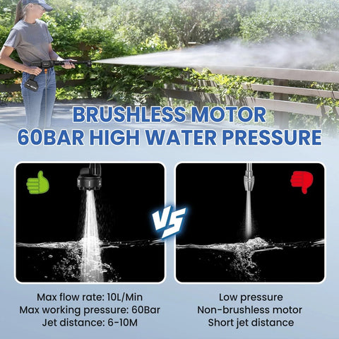 Pressure Washer - High Pressure Sprayer - 3 Gears - Cordless - Full Set - Foam Spray - 6in1 Adjustable Nozzle - 5meter Hose - 5 Accessories - 2x Battery Included - 60Bar - 10L/M - 10meter Range - 21V Battery - Black