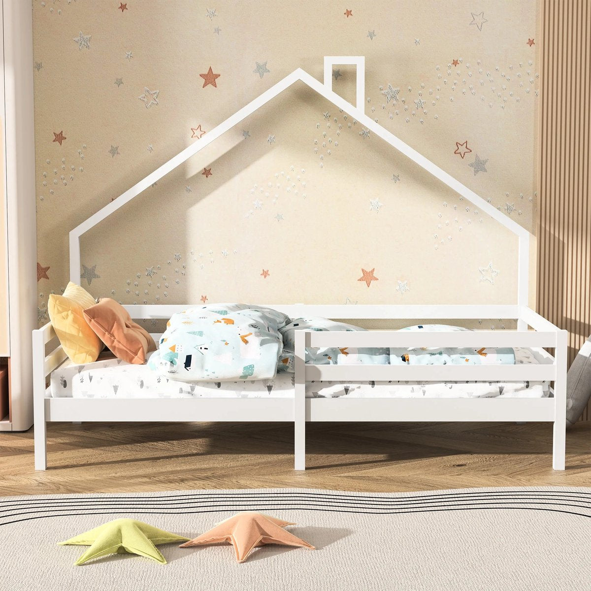 Children's House Bed - Solid Wood - Slatted Base - Pine House Bed With Roof - White - 90x200cm