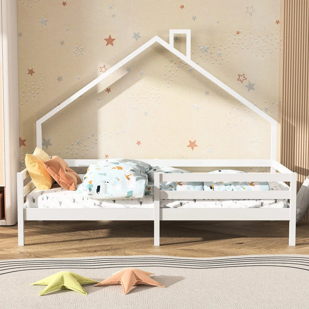 Kinderhuis Bed - Massief Hout - Lattenbodem - Grenen Huisbed Met Dak - Wit - 90x200cm