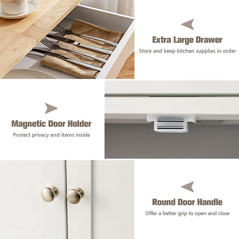 Keukentrolley, serveerwagen keukeneiland trolley met rubberen houten blad, lade, 3 rijen wijnrekken, 2 kasten, rollend opslag trolley kar, keukenwagen opbergwagen ideaal voor restaurant, keuken, bar te gebruiken (Wit)