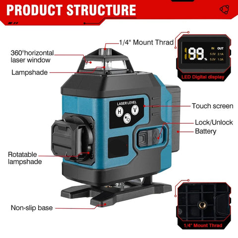 Kruislijnlaser - Bouwlaser met 4D Lasers - Kruislaser met 2 Oplaadbare Lithium Batterij - Inclusief Opbergkoffer en Afstandsbediening - 360 Graden Roterend - Met App Bediening