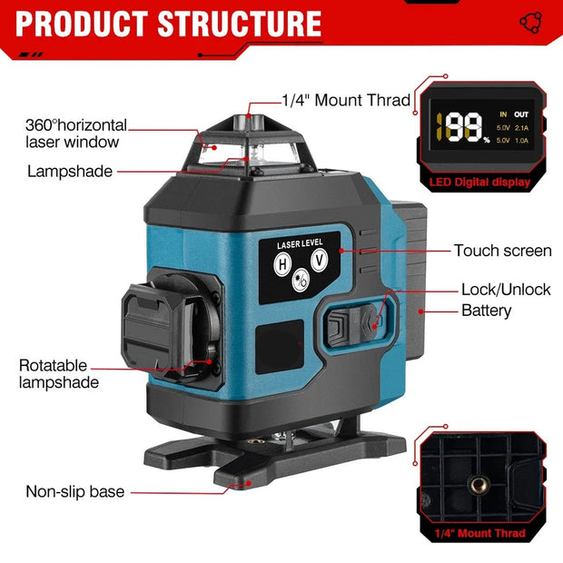 Kruislijnlaser - Bouwlaser met 4D Lasers - Kruislaser met 2 Oplaadbare Lithium Batterij - Inclusief Opbergkoffer en Afstandsbediening - 360 Graden Roterend - Met App Bediening