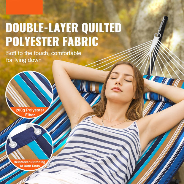 Hangmat - 2-Persoons - Blauwe Cyaan Strepen - Hangmat voor Buiten - met T-vormige Standaard - met Stalen Standaard van 3,5 meter en Draagbare Draagtas en Kussen - Draagvermogen 207 kg