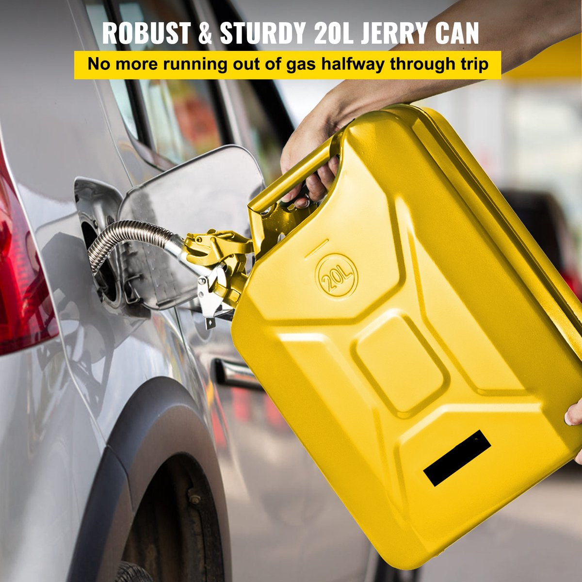 Benzinejerrycan - 0.8 mm Dik Koudgewalst Staal - 30 x 15 x 18.5 Inch 20 Liter - met Ergonomische Handgrepen - met Flexibele Uitloopauto's - Geel