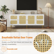Elegant White Rattan - TV Cabinet - 180x40x72cm - met 4 Rotan Deuren - in Hoogte Verstelbare Planken - en Kabelbeheer - voor Maximaal 80 inch Televisies - Tv-Kasten - Lowboards