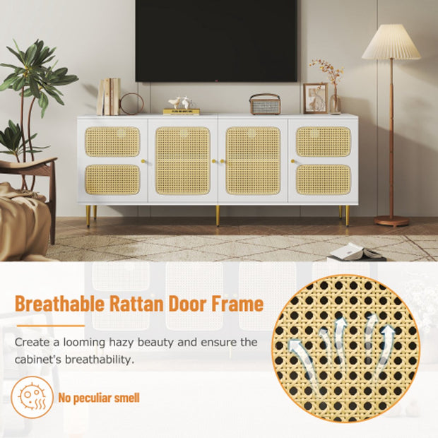Elegant White Rattan - TV Cabinet - 180x40x72cm - met 4 Rotan Deuren - in Hoogte Verstelbare Planken - en Kabelbeheer - voor Maximaal 80 inch Televisies - Tv-Kasten - Lowboards