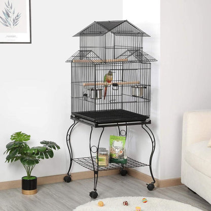 Luxe Grootte Papegaaienkooi op Wielen - Parkietenkooi - Grote Vogelkooi voor Binnen - Inclusief Speelgoed - Met Badhuis - 59x59x140cm - Zwart