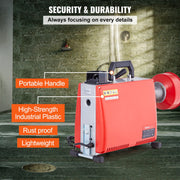 Afvoerreiniger - 250W Motor - 20m Staalkabel - 7 Verwisselbare Snijmessen - Handmatige Voeding - Duurzaam en Robuust - Effectieve Verwijdering van Verstoppingen - Geschikt voor Huishoudens en Bedrijven - Rood