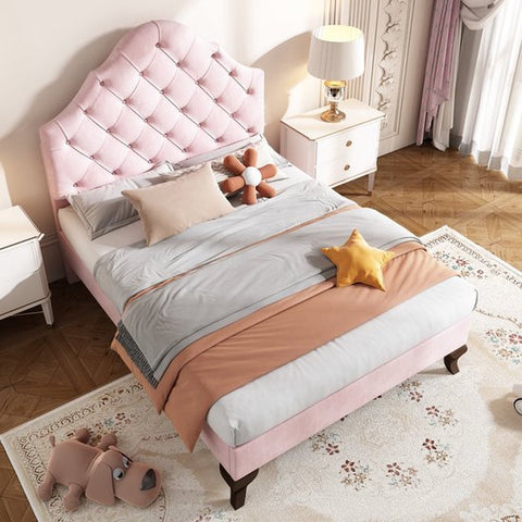 Enkel bed,Gemakkelijke montage, 90*200cm Gestoffeerd bed met lattenbod en hoofdeinde, Gestoffeerd bed met in hoogte verstelbaar hoofdeinde, Jeugdbed, Houten lattensteun, Fluweel, roze