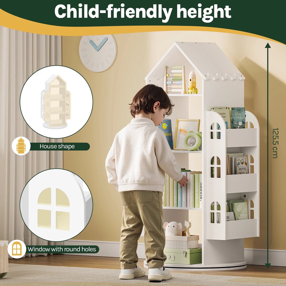 Boekenplank - Draaibare Boekenkast - Kast Woonkamer - Speelgoedkast - Kinderkast - Speelgoedopbergkast - 63 cm x 125 cm x 59 cm - Wit