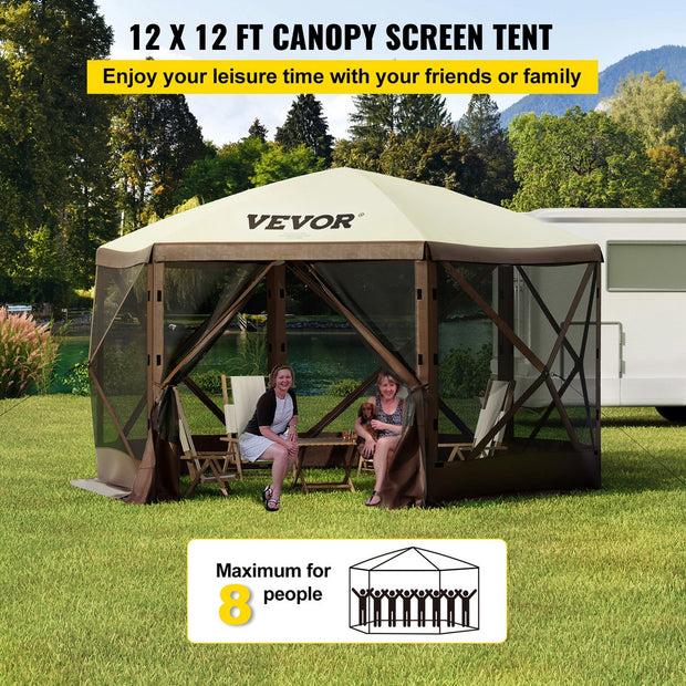 Gazebo Tent - Campingluifeltent met Gaasramen - 6-Zijdige Pop-up - Draagbare Draagtas - Haringen - Grote Schaduwtenten - Materiaal 300D Oxford-stof en B3-gaas - voor Buitenkamperen - Gazon en Achtertuin