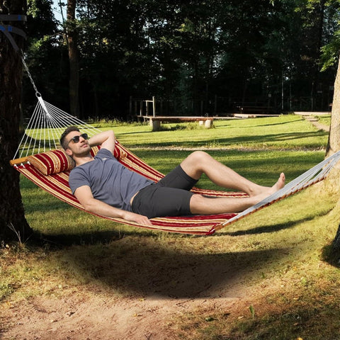 Hangmat met spreidstok - Dubbele hangmat van gewatteerde stof - 3.1m lang - Hardhouten spreidstokken - Gewatteerde hangmat voor 2 personen - Afneembaar kussen - Kettingen voor camping - Outdoor patio Hangmat met spreidstok