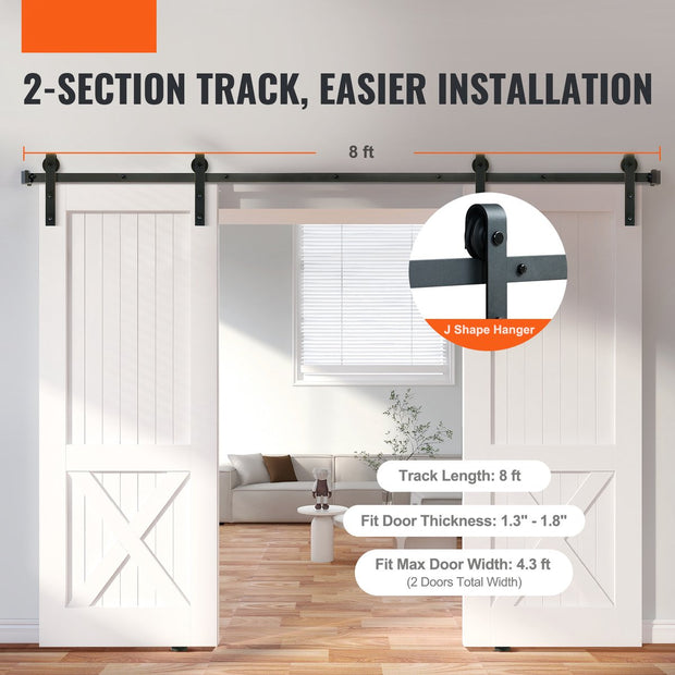 Schuifdeurbeslag - J-Vormig Systeem - 244 cm - 150 kg Draagvermogen - Soepel en Stil Glijden - Eenvoudige Installatie - Geschikt Voor Dubbele Deuren - Perfect Voor Slaapkamers, Kasten, Badkamers