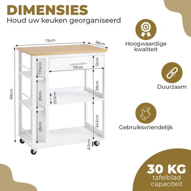Keukentrolley op wieltjes - Keuken trolley met lade - Houten werkblad - Wit - Incl. Rem voor de wieltjes - 73x38x88 CM - Open planken - Woonkamer