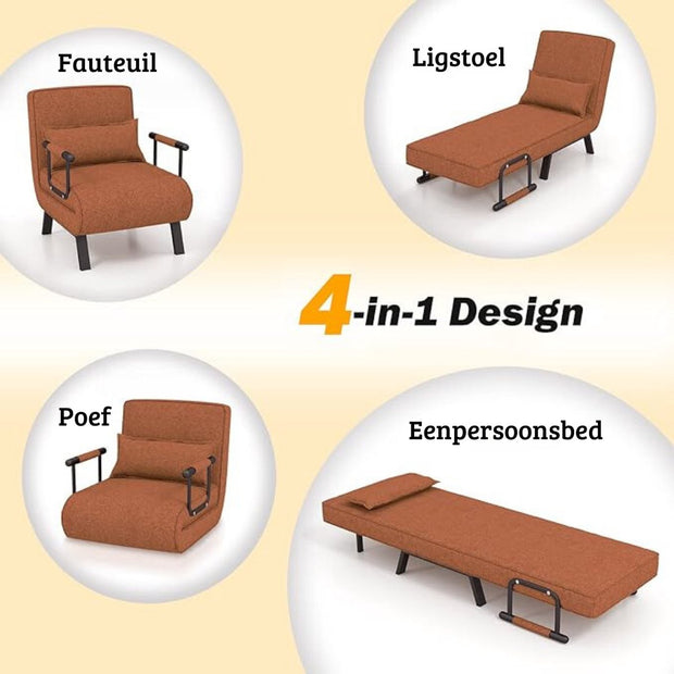 Luxury 4 in 1 Sleeping Chair - Sleeping Chair - 5 Positions - Multifunctional - Adjustable Backrest - Padded - High Quality Material - Brown
