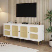 Elegant White Rattan - TV Cabinet - 180x40x72cm - met 4 Rotan Deuren - in Hoogte Verstelbare Planken - en Kabelbeheer - voor Maximaal 80 inch Televisies - Tv-Kasten - Lowboards