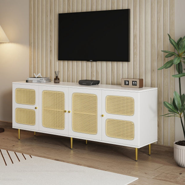 Elegant White Rattan - TV Cabinet - 180x40x72cm - met 4 Rotan Deuren - in Hoogte Verstelbare Planken - en Kabelbeheer - voor Maximaal 80 inch Televisies - Tv-Kasten - Lowboards