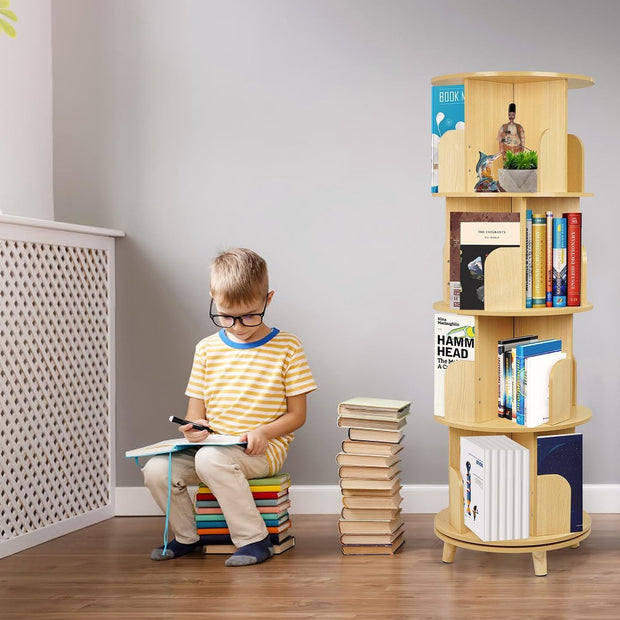 Roterende Boekenkast - Staand rek - Houten Planken - 360 Graden Boekenplanken - 4 Verdiepingen - Kinderen en Volwassenen