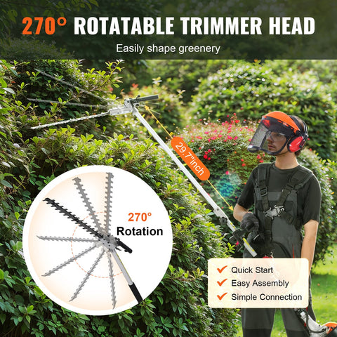 Heggenschaar Benzine - Tweetaktmotor - 33CC - 6-in-1 - Met 8500 Tpm - Kan 270° - Worden Gedraaid - Beschermende Handschoenen En Gehoorbescherming - Voor Van Hoge Takken - Struiken - Theetuinen En Landschapsonderhoud