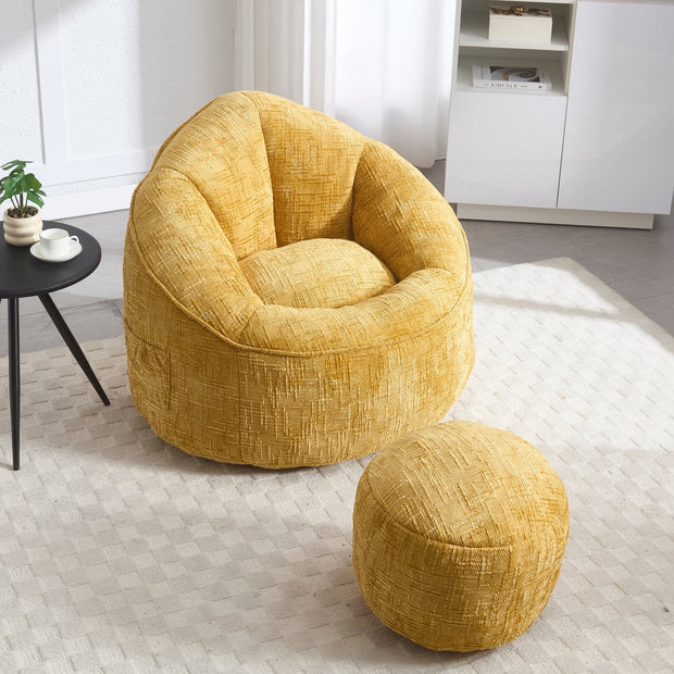 Zitzak Sofa met Voetensteun - Luxe Chenille Bean Bag Stoel -- Ergonomische Loungestoel met Hoge Rugleuning – Comfortabele Fauteuil - Geel