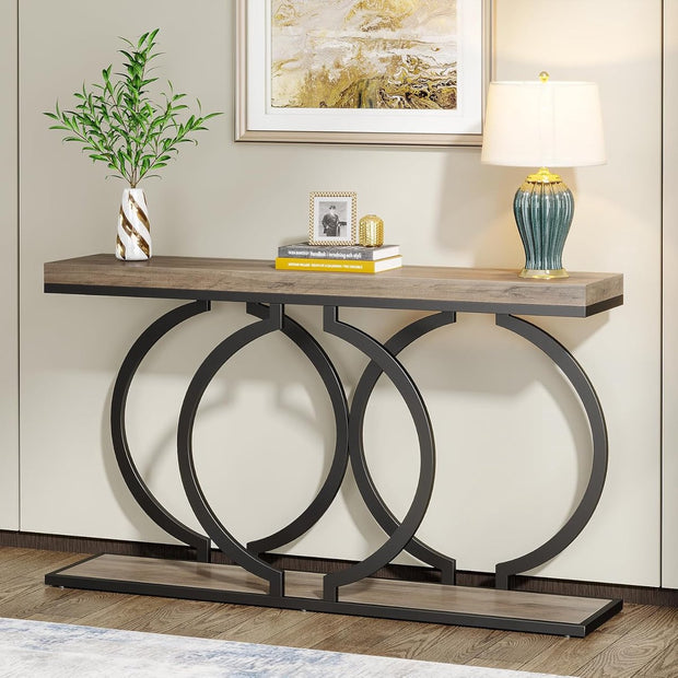 Consoletafel - Sidetable - met O-vormige Gouden Metalen Poten - Haltafel - Wandtafel - 140x30x80 cm - Grijs en Zwart - Metaal en Hout - Modern - Console Tafel
