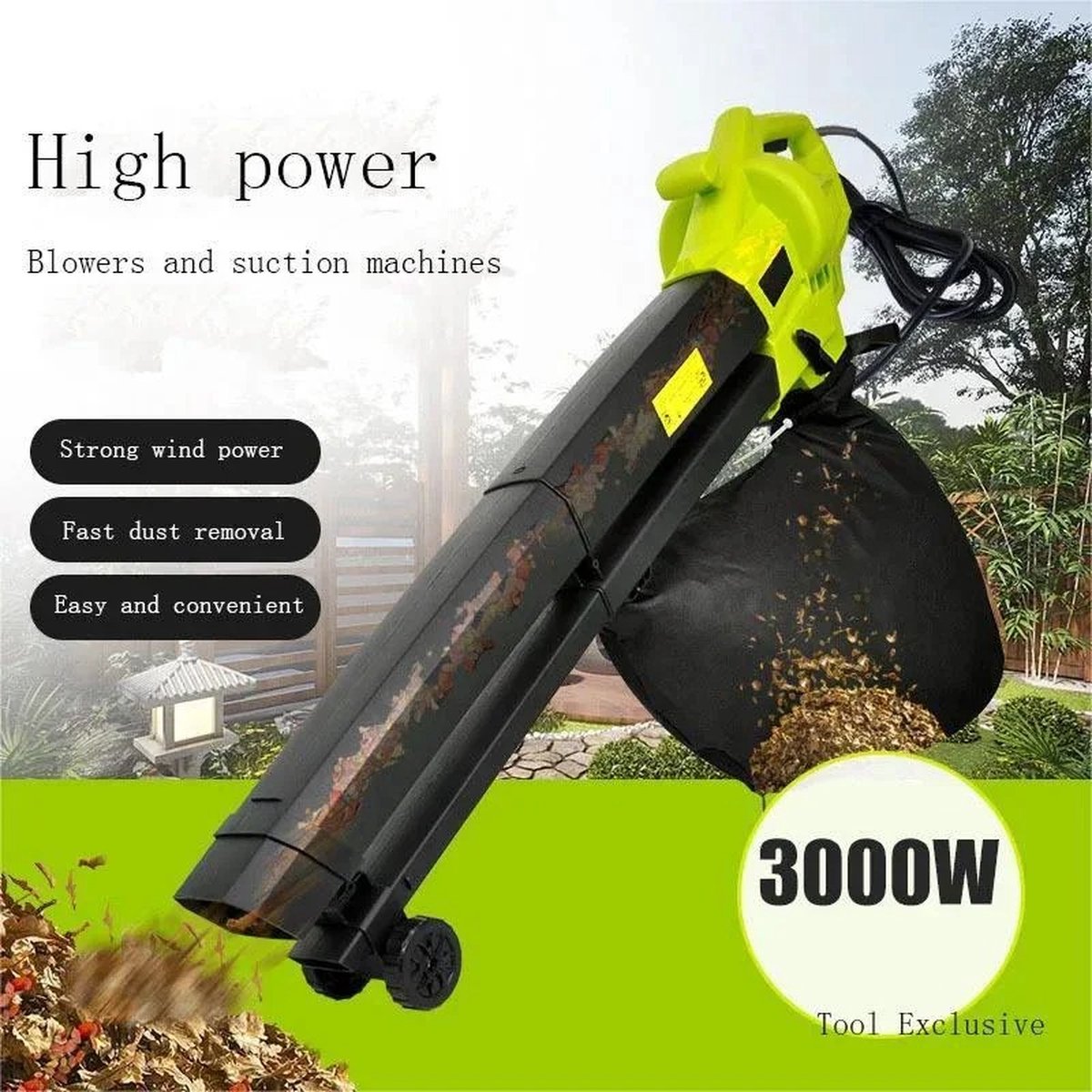 Bladblazer - Elektrische Bladblazer - Bladblaasapparaat - Groen - 3000W - 3M kabel