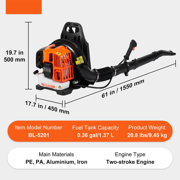Bladblazer Rugzak - 52CC - 2-takt - 480 CFM - Luchtvolume - Snelheid van 300 km/u - 6500 rpm - Capaciteit Brandstoftank 1.37 L - voor het Verwijderen van Vuil op Erven - Tuinen - Landschappen en Buitenpaden