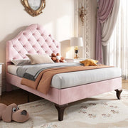 Enkel bed,Gemakkelijke montage, 90*200cm Gestoffeerd bed met lattenbod en hoofdeinde, Gestoffeerd bed met in hoogte verstelbaar hoofdeinde, Jeugdbed, Houten lattensteun, Fluweel, roze
