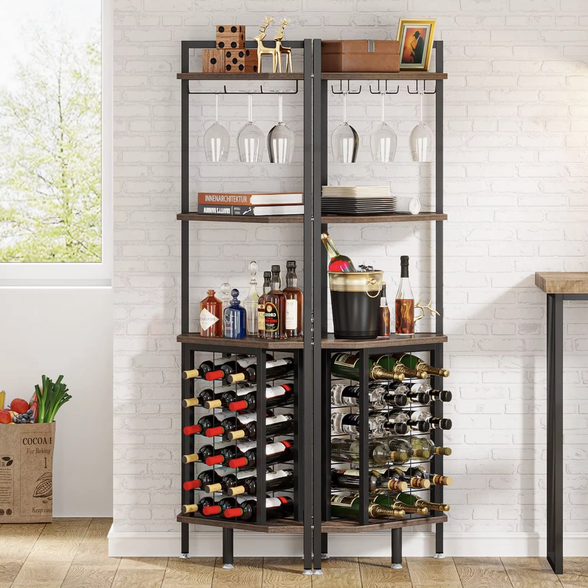 Wine cabinet - Wine rack - Beverage cabinet - Corner cabinet - Cupboard - With glass rack - Industrial - Wood and metal - Brown/Black