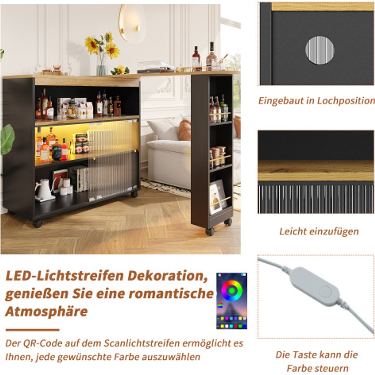 Uitschuifbare Bartafel met Opbergruimte - Moderne Verplaatsbare Bartafel - Telescopische Bartafel met LED - Bartafel - Bistrotafel - Hoge Tafel - Kookeiland - Bistrotafel - (138-204×39×105cm) - Zwart