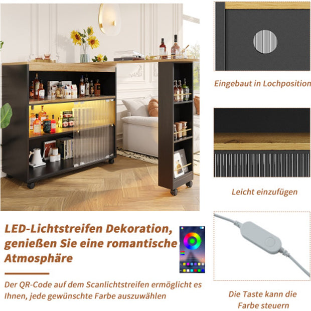 Uitschuifbare Bartafel met Opbergruimte - Moderne Verplaatsbare Bartafel - Telescopische Bartafel met LED - Bartafel - Bistrotafel - Hoge Tafel - Kookeiland - Bistrotafel - (138-204×39×105cm) - Zwart