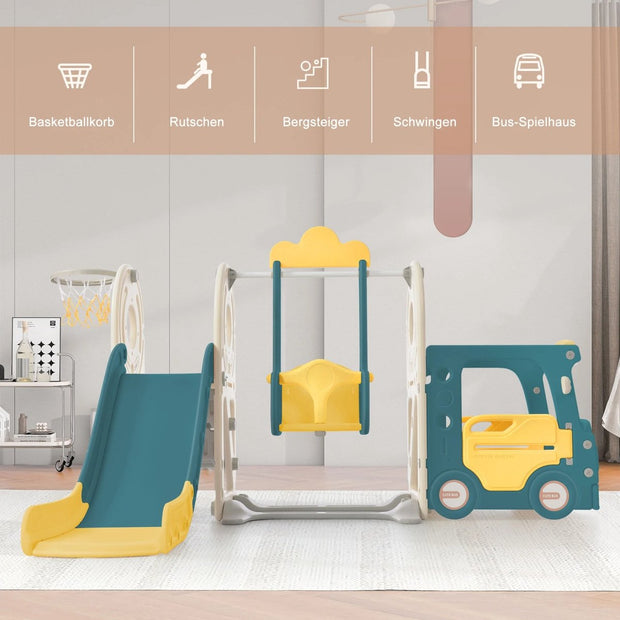 5 in 1 Kinderglijbaan Combinatie - Glijbaan, Schommel, Auto, Basketbal net - 182x172x115 cm