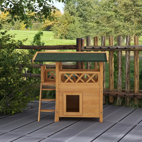 Kattenhuis - voor Buiten – Duurzaam Houten Hok - met 2 Verdiepingen – Ruime Kooi - Bench en Ren – Weerbestendig en Comfortabel – Bruin