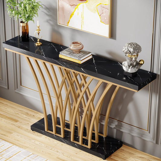 Grid Console Table - Moderne Gouden Consoletafel - Haltafel - Wandtafel met Rastervormig Metalen Onderstel - Ideaal voor Ingang, Gang en Entree - Zwart - Goud - Marmer - 150 x 80 x 30 cm (B x H x D)