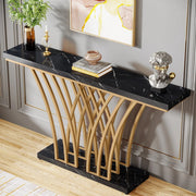 Grid Console Table - Moderne Gouden Consoletafel - Haltafel - Wandtafel met Rastervormig Metalen Onderstel - Ideaal voor Ingang, Gang en Entree - Zwart - Goud - Marmer - 150 x 80 x 30 cm (B x H x D)