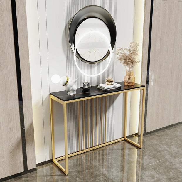 Luxe sidetable - Muurtafel - Wandtafel - Bijzettafel - Console tafel - Wandbureau - Kaptafel - Bartafel - Zwart marmer blad - Goud frame - 100 x 300 x 78.5cm