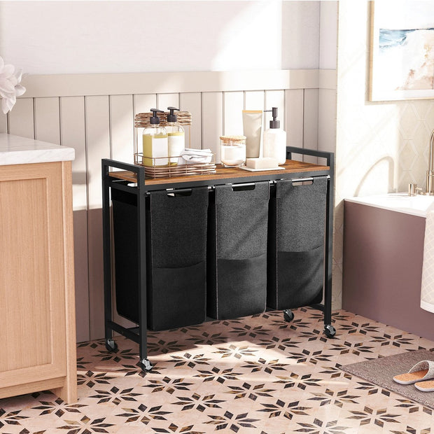 Laundry Basket With 3 Compartments - Capacity 120 Liters - Laundry Basket With Shelf And Pull-Out Bags - Laundry Sorter For Utility Room Bedroom Bathroom Dormitory - Black