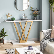 Console Tafel - Bijzettafel - Sidetable Modern - met Metalen Basis in Roostervorm - Metalen Frame - Wit en  Goud - 110 x 30 x 80 cm