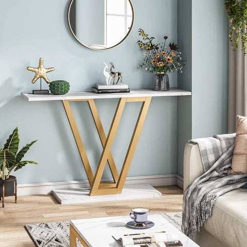 Console Tafel - Bijzettafel - Sidetable Modern - met Metalen Basis in Roostervorm - Metalen Frame - Wit en  Goud - 110 x 30 x 80 cm