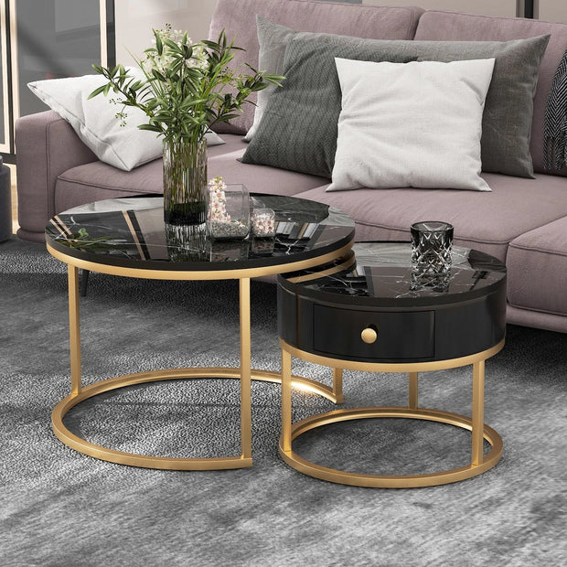 Nique Moderne salontafel set van 2 - Woonkamer balkon kantoor - Ronde hout accent salontafels met lade- Goud stevig metalen frame - Eenvoudige montage - MDF -Marmer - Zwart met goud -70cm en 50cm