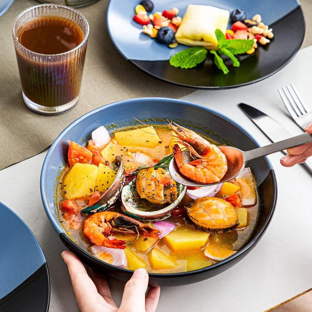 Serviesset 8 Persoons - Serviessets - Bordenset - Chique Bordenset - Keramiek - Blauw en Zwart