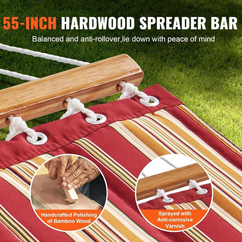 Hangmat met spreidstok - Dubbele hangmat van gewatteerde stof - 3.1m lang - Hardhouten spreidstokken - Gewatteerde hangmat voor 2 personen - Afneembaar kussen - Kettingen voor camping - Outdoor patio Hangmat met spreidstok